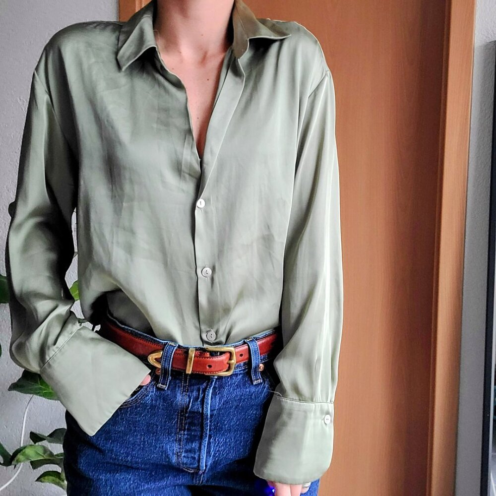 Zara Sage Green Satin Button Down Long Sleeve Shirt Size Small - Picture 11 of 15